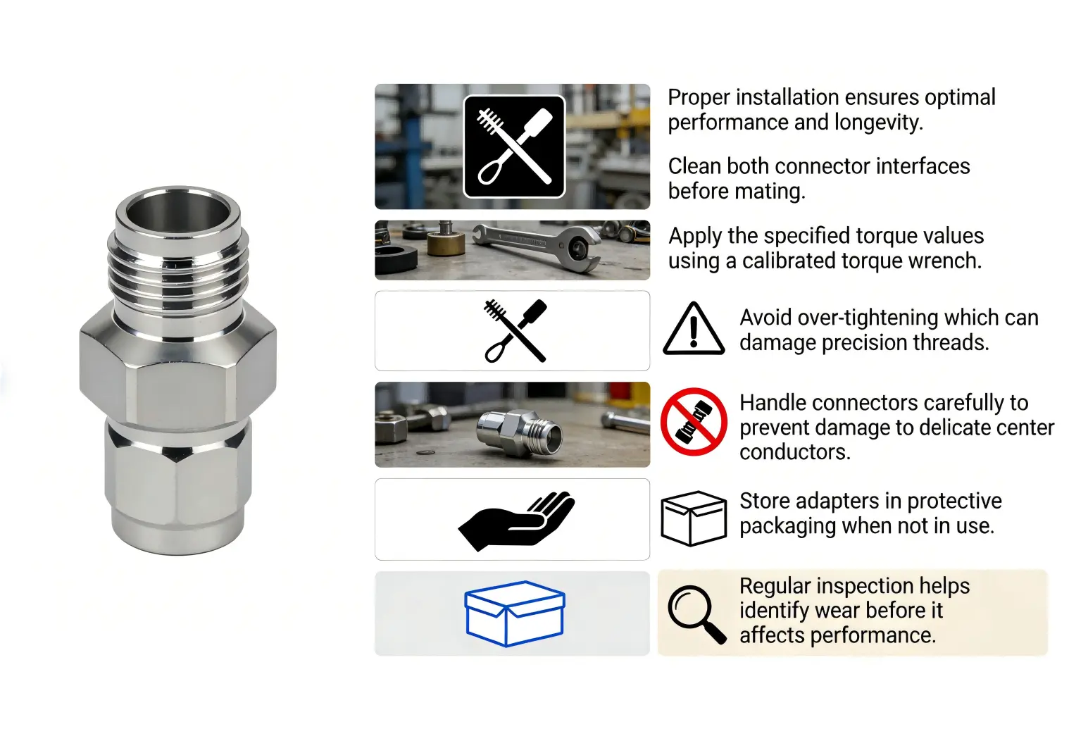 Coaxial adapter, 1.0mm male to 1.85mm female connector installation procedure. Coaxial adapter, 1.0mm male to 1.85mm female connector installation procedure.