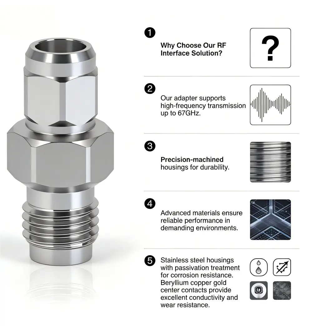 Coaxial adapter, 1.0mm male to 1.85mm female: Product advantages Coaxial adapter, 1.0mm male to 1.85mm female: Product advantages