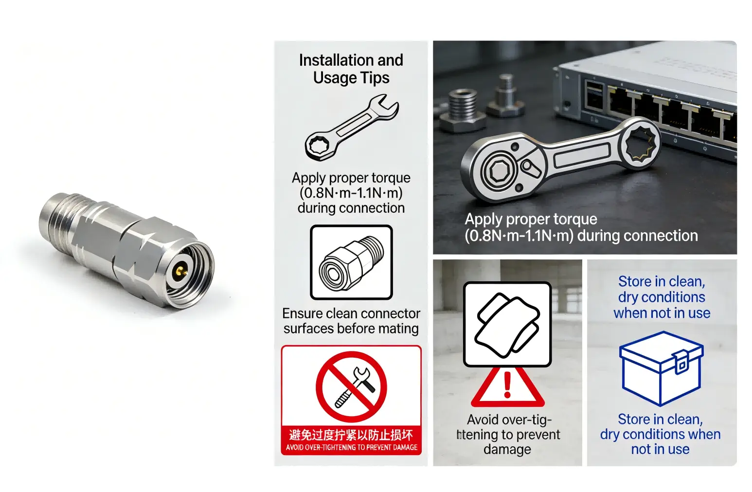 Coaxial Adapter: 1.85mm Female to 2.4mm Male Installation Instructions