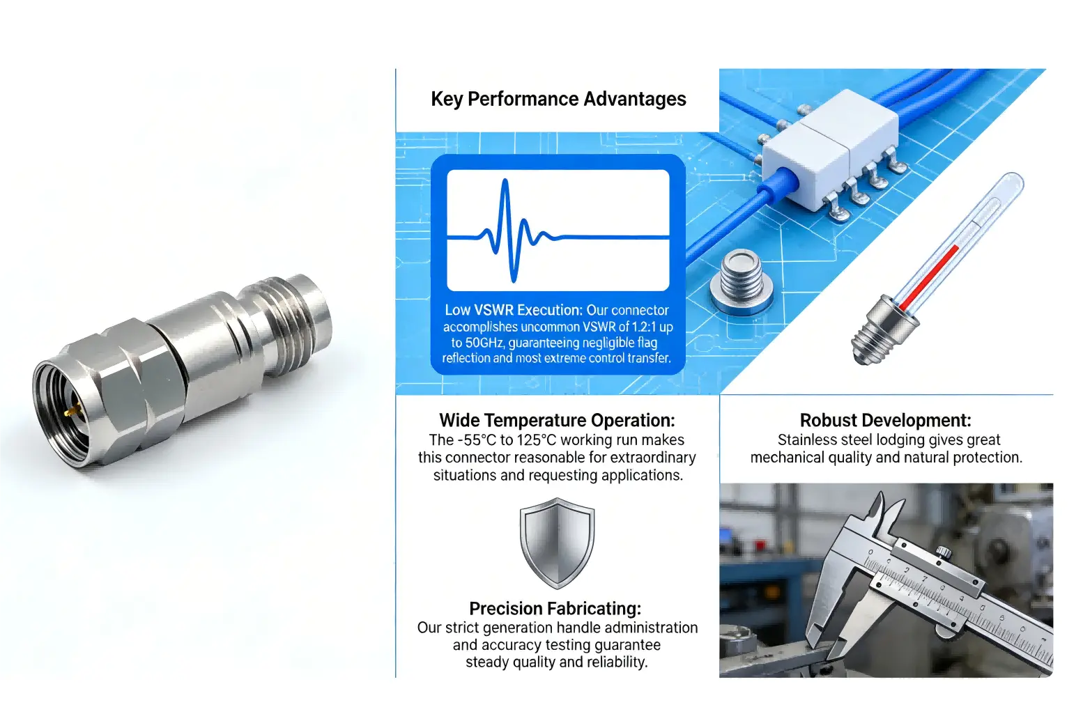 Performance advantages of the coaxial adapter: 1.85mm female to 2.4mm male. Performance advantages of the coaxial adapter: 1.85mm female to 2.4mm male.