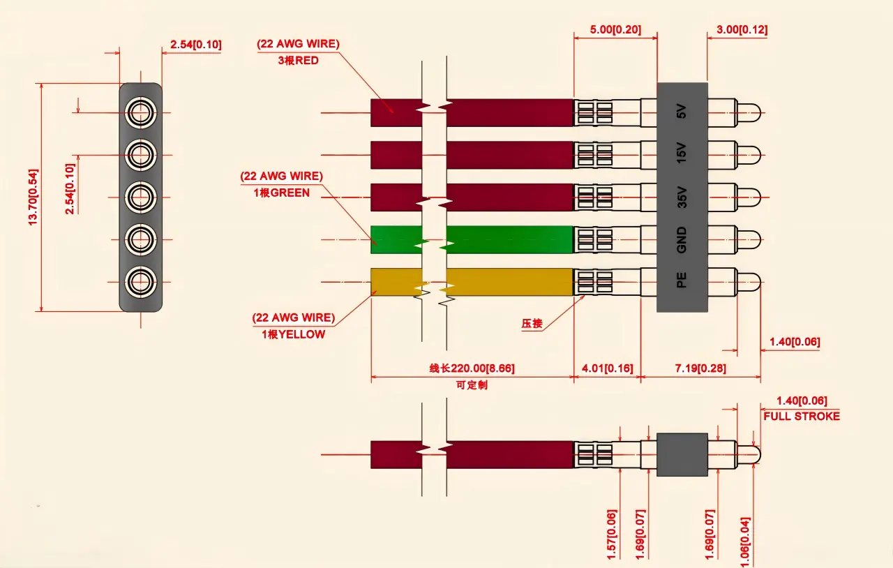 Pre-wired spring probe dimensions Pre-wired spring probe dimensions